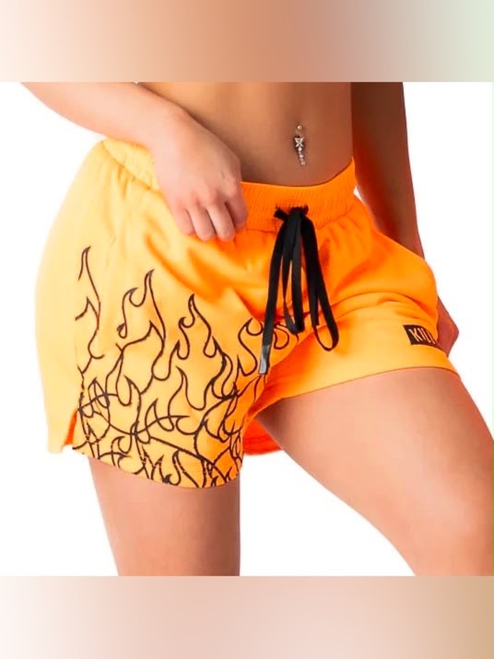 Kill Crew Orange Flame Print Athletic Drawstring Shorts